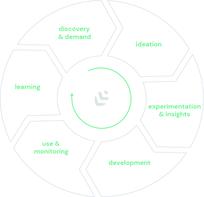a circle with our work cycle, including the following activities: discovery and demand, ideation, experimentation and insights, development, use and monitoring, and learning, going back to discovery and demand